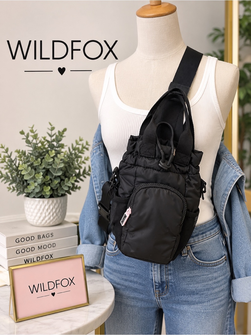 Wildfox Black Nylon Water Bottle Crossbody Sling Bag with Front Pocket - NWT